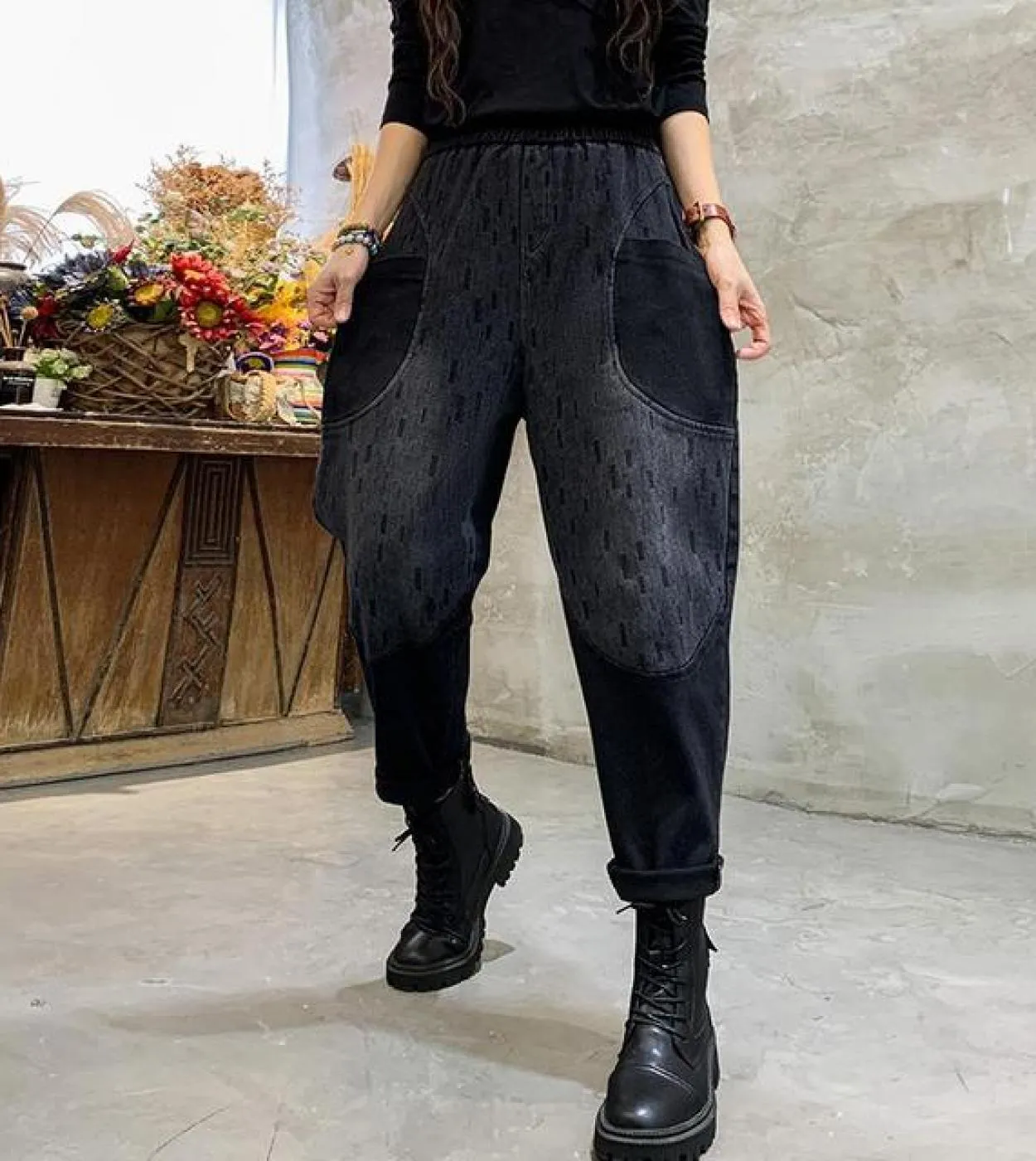 2022 primavera autunno nuove donne stile arti elastico in vita jeans neri larghi pantaloni Harem in denim di cotone patchwork a