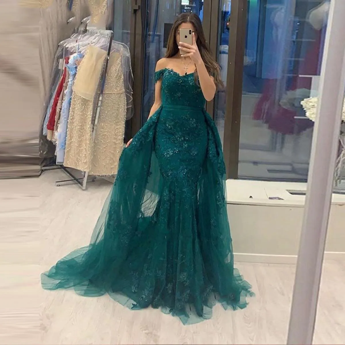 Abiti da sera in pizzo a sirena verde Party eleganti 2023 con spalle scoperte abito da ballo treno staccabile abito lungo formal