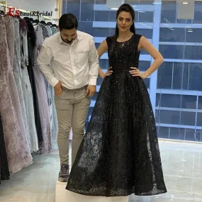 Abito da sera da sera senza maniche Dubai Line per donna 2023 O Collo in cristallo fatto a mano in pizzo lungo formale da ballo