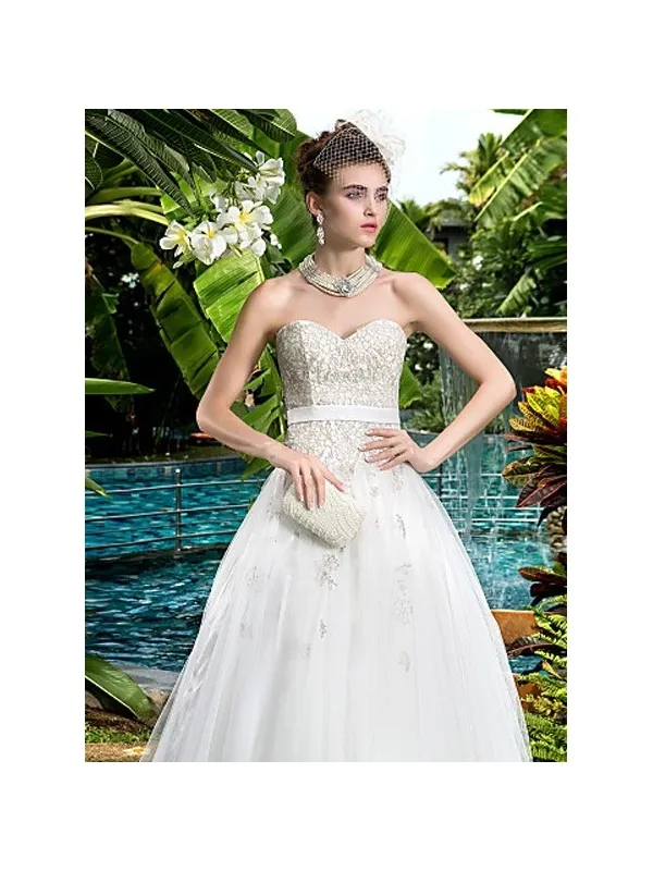 Abito da sposa A line bianco seta con pizzo champagne