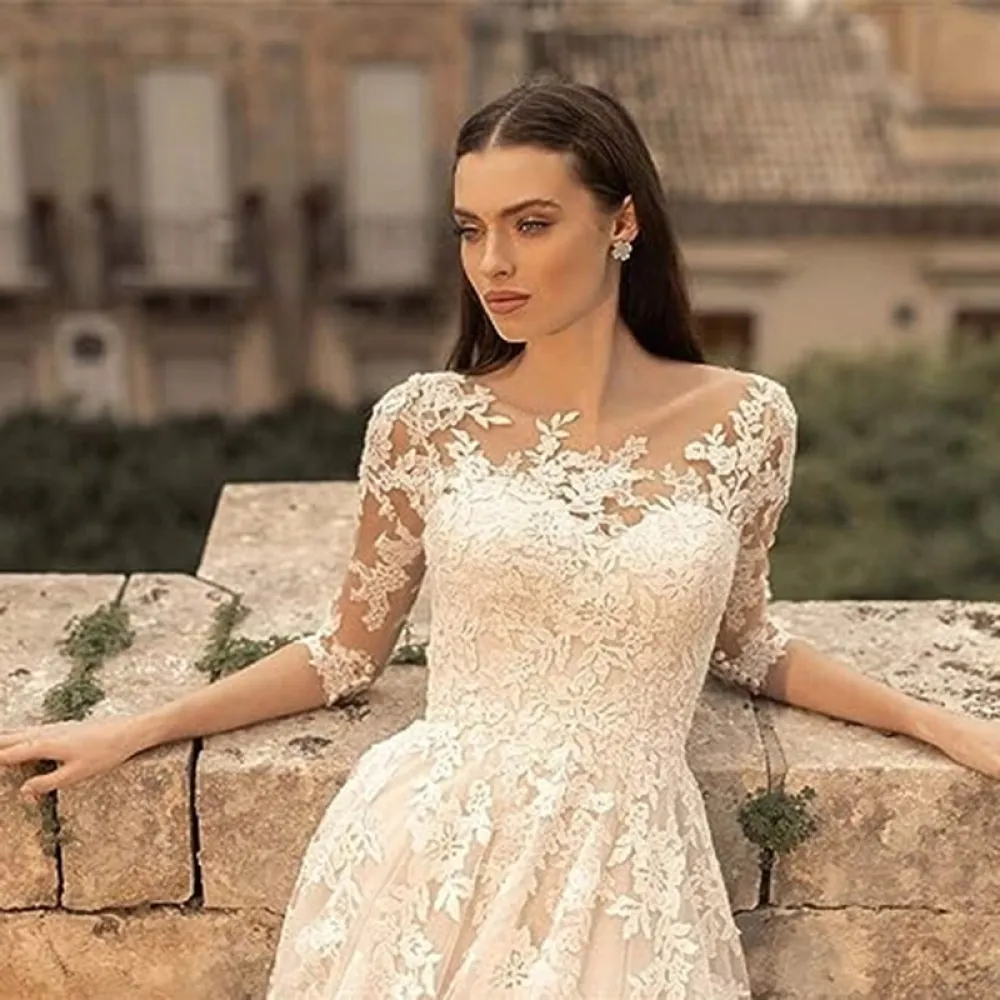 Abito da sposa Sposa che trascina lungo manica lunga incontro annuale ospite banchetto abito elegante temperamento in pizzo