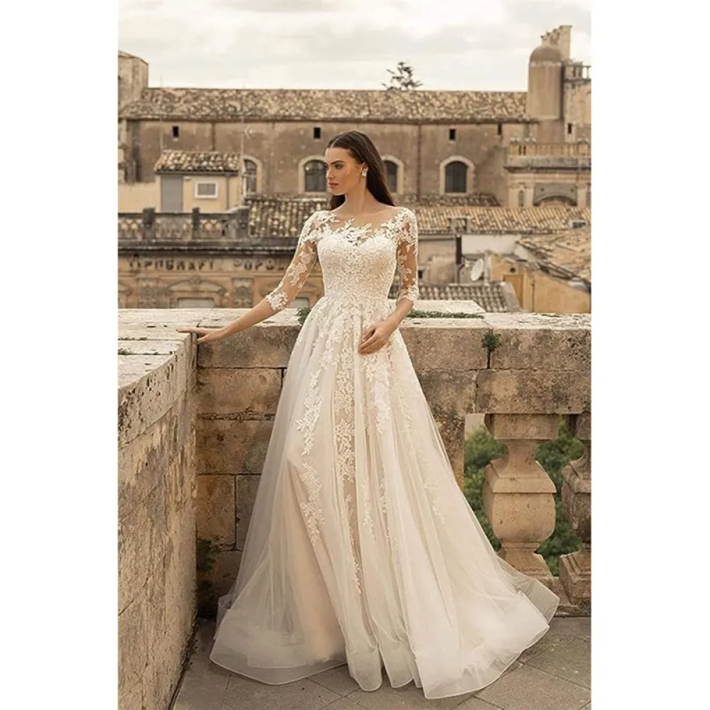 Abito da sposa Sposa che trascina lungo manica lunga incontro annuale ospite banchetto abito elegante temperamento in pizzo