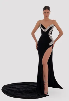 Abito Donna Lungo Scollo Cuore Spacco Strass Gioiello Schiena Scoperta Elegante Cerimonia