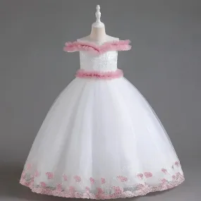 Abito lungo da ragazza bianco Abito da sera in pizzo Giuntura a contrasto Fiore Bambini Vestire Coro Passeggiata Spettacolo Pian