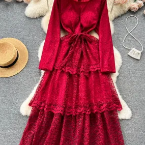 Abito lungo in pizzo ricamato da donna vintage primavera autunno elegante girocollo a vita alta con volant a strati maxi abiti