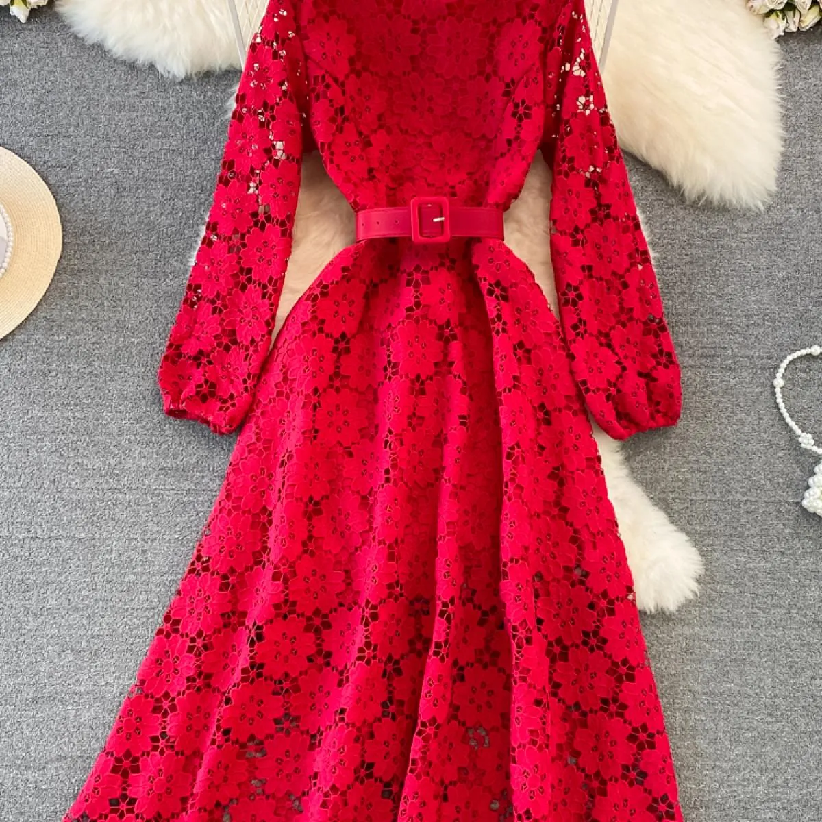 Abito lungo in pizzo scollato primavera giallo/rosso/bianco Vintage Oneck manica a sbuffo vita alta Aline Big Swing Maxi Party V