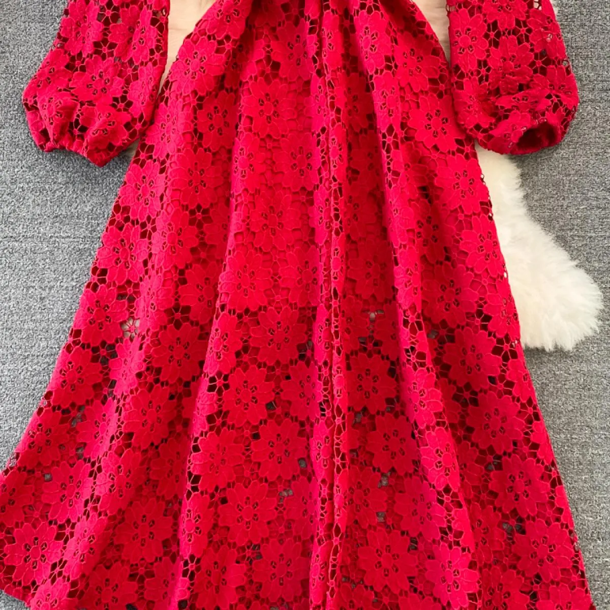 Abito lungo in pizzo scollato primavera giallo/rosso/bianco Vintage Oneck manica a sbuffo vita alta Aline Big Swing Maxi Party V