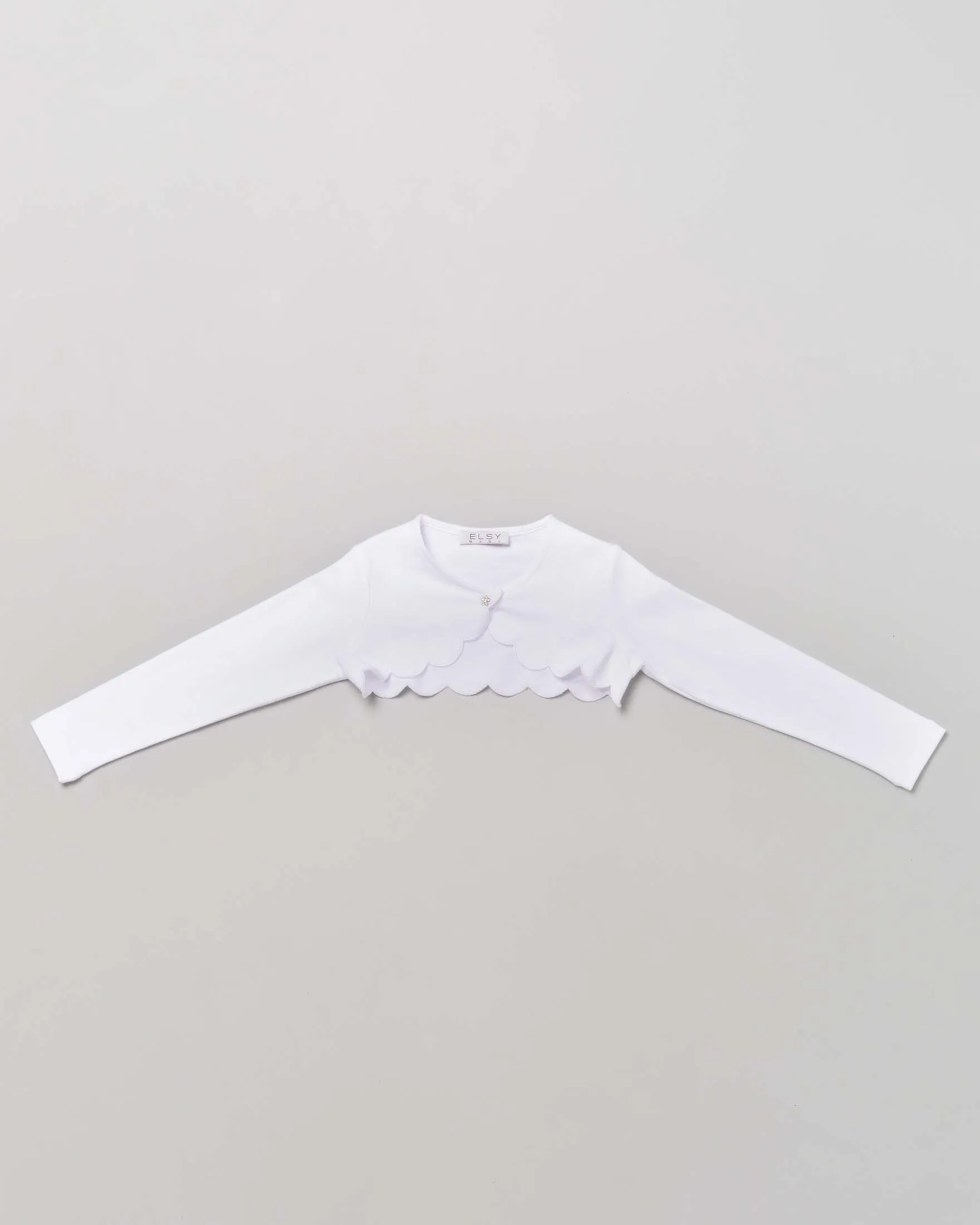 Bolero bianco in jersey con profili stondati e bottoncino gioiello 3-4 anni