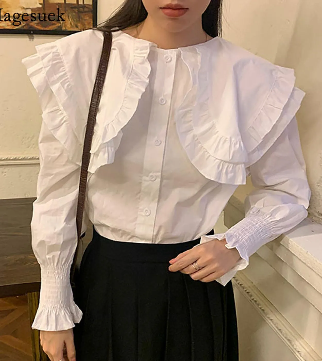 Camicetta bianca elegante da donna con colletto a bambola elegante Camicia a maniche lunghe primavera manica lunga con risvolto