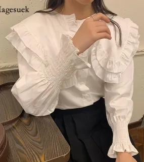 Camicetta bianca elegante da donna con colletto a bambola elegante Camicia a maniche lunghe primavera manica lunga con risvolto