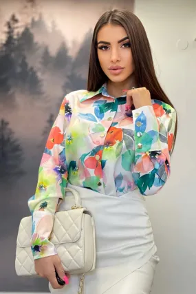 Camicia elegante bianca a fantasia floreale multicolore con bottoni dorati