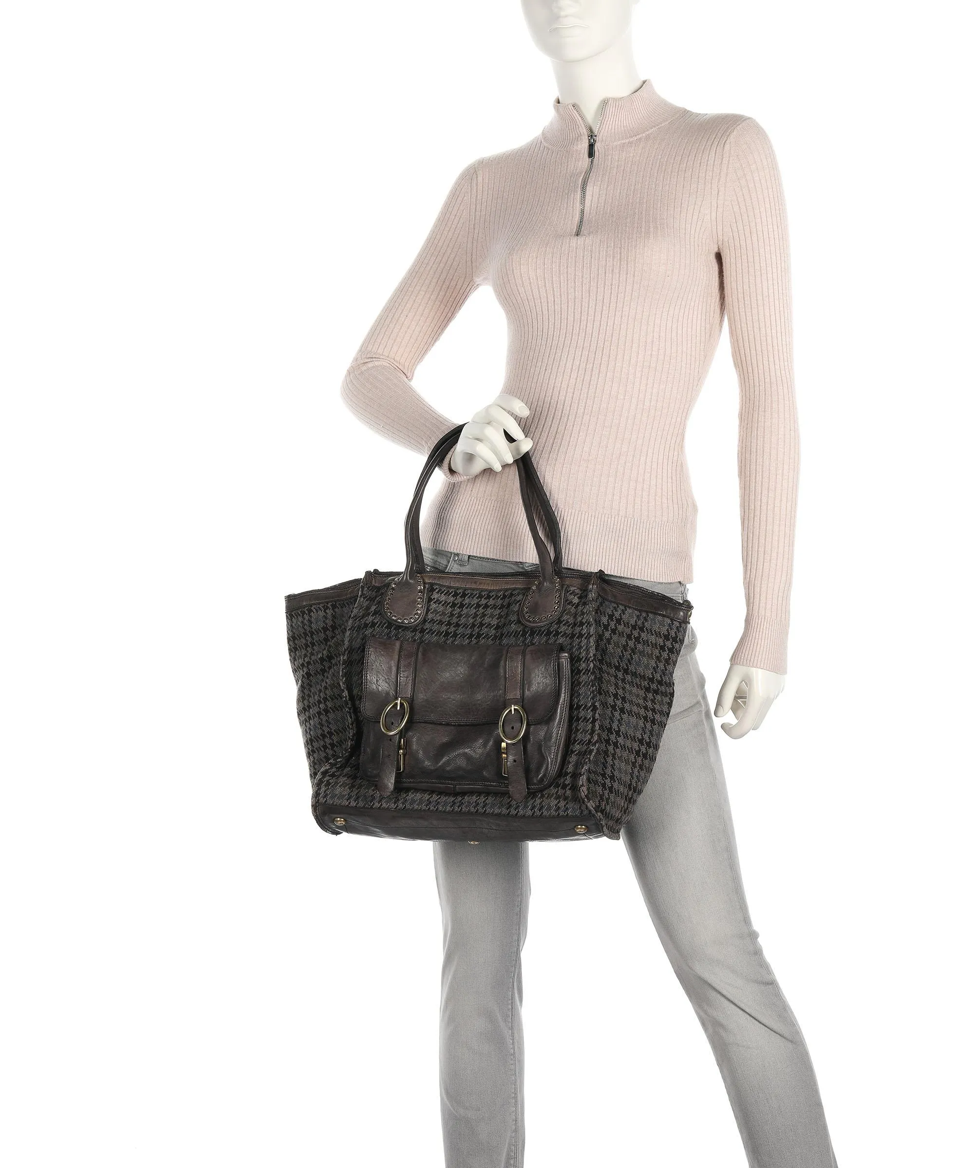  Campomaggi Prestige Borsa shopper cotone, pelle di vacchetta finemente grana grigio scuro  