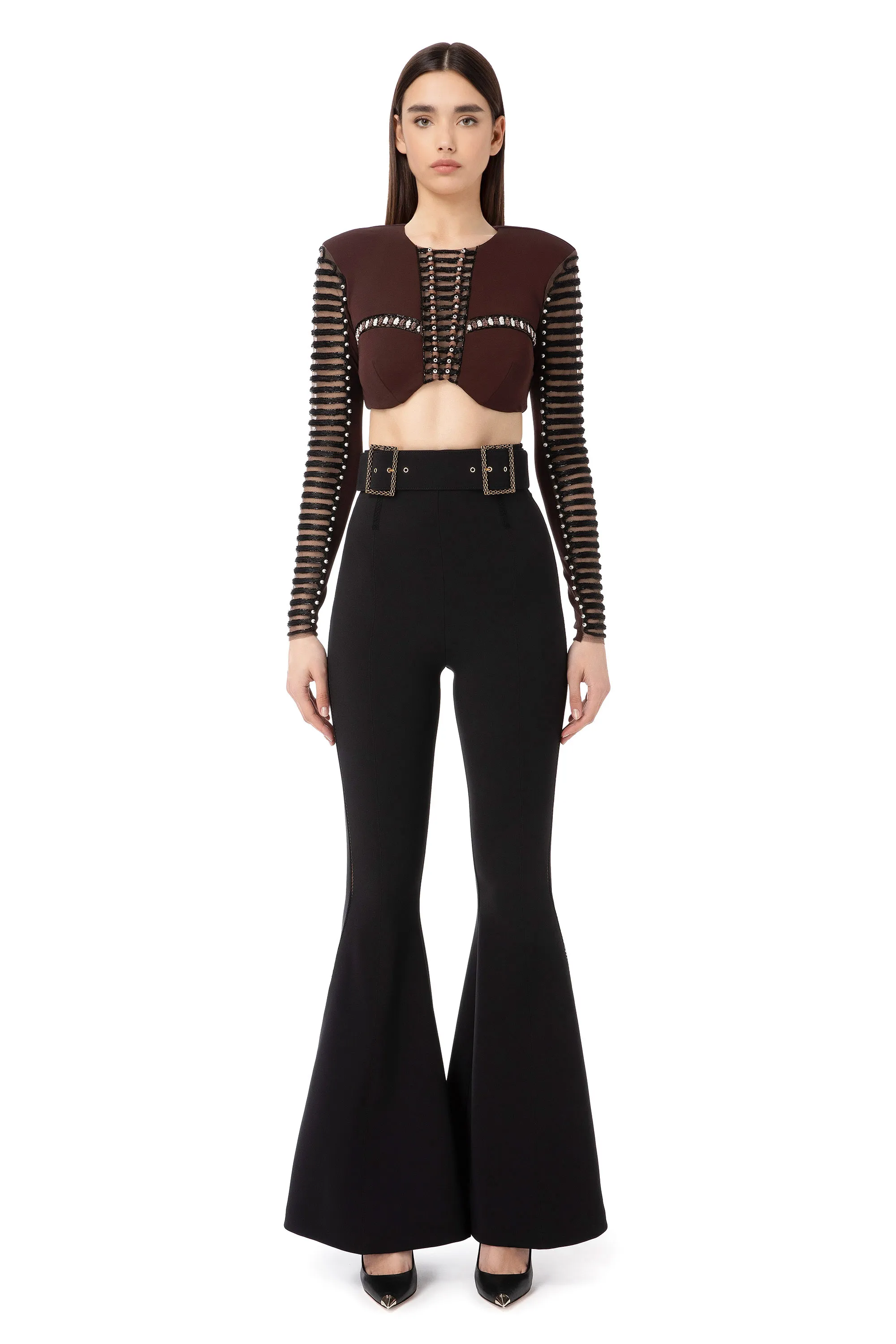 Cropped top maniche lunghe con ricamo