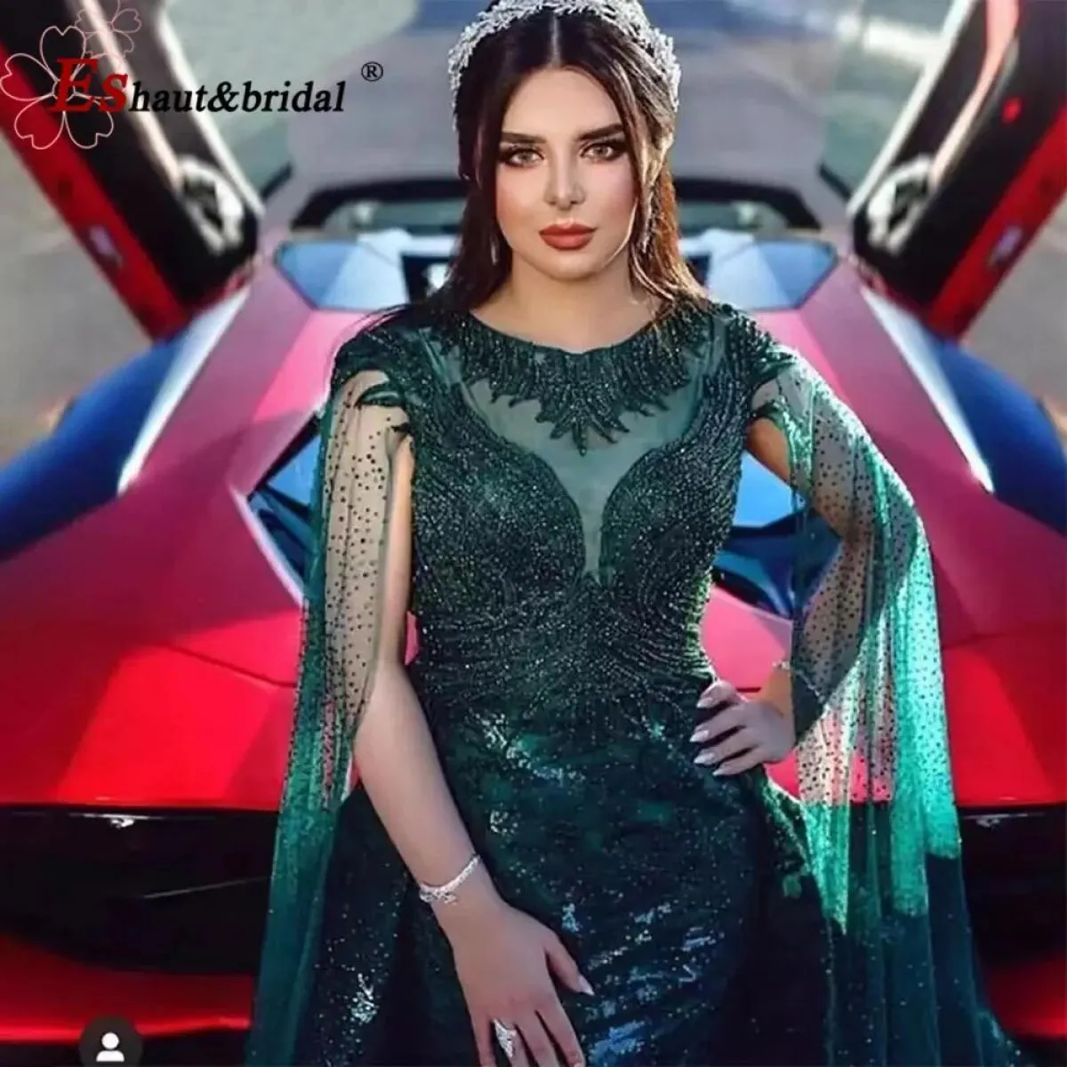 Elegante abito da sera da sera in cristallo di pizzo a sirena verde per donna 2023 O collo lungo maniche a mantella formale fest