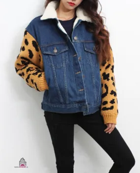 Giacca jeans maniche leopard