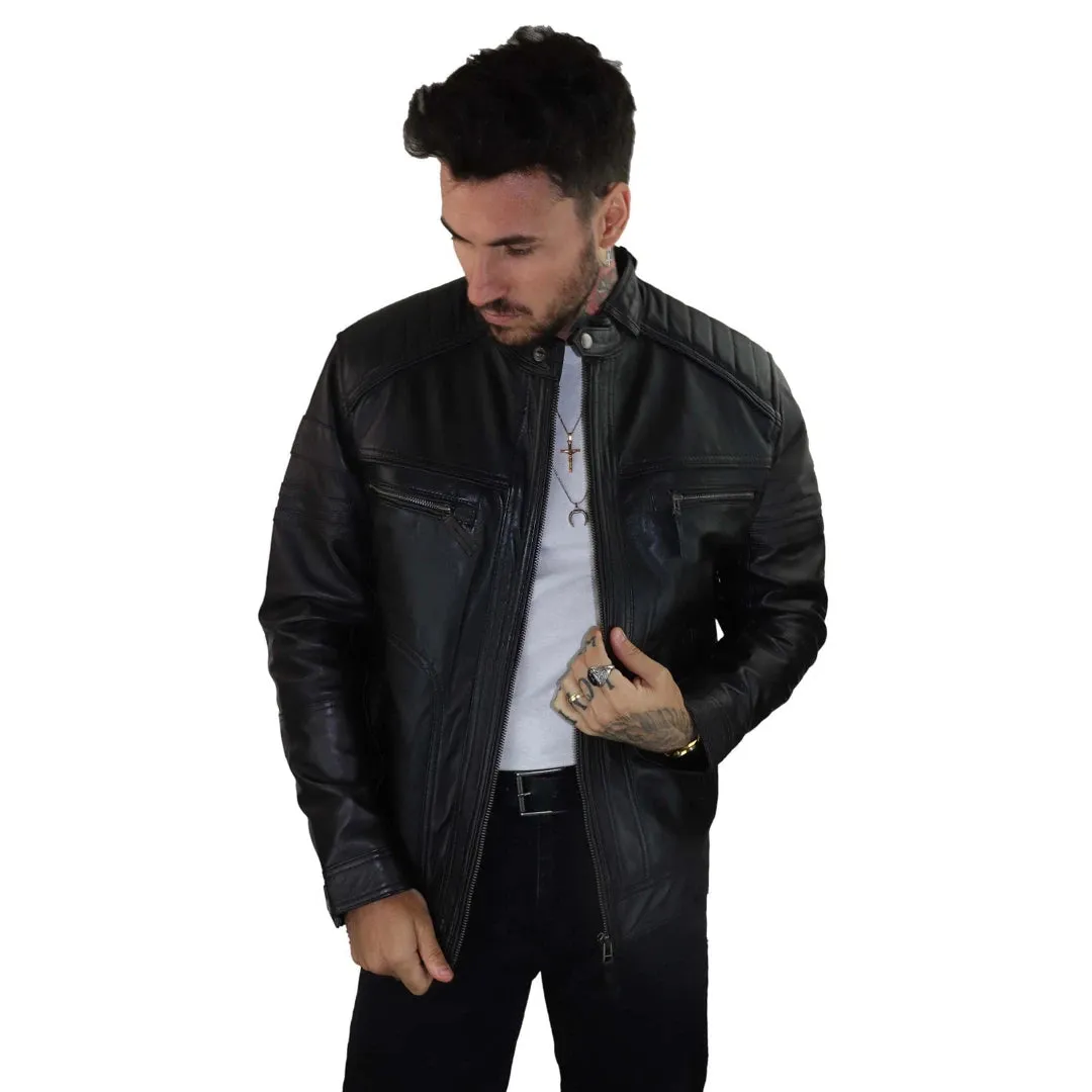 Giacca Nera da Uomo Biker in Vera Pelle Vintage Casual con Cerniera