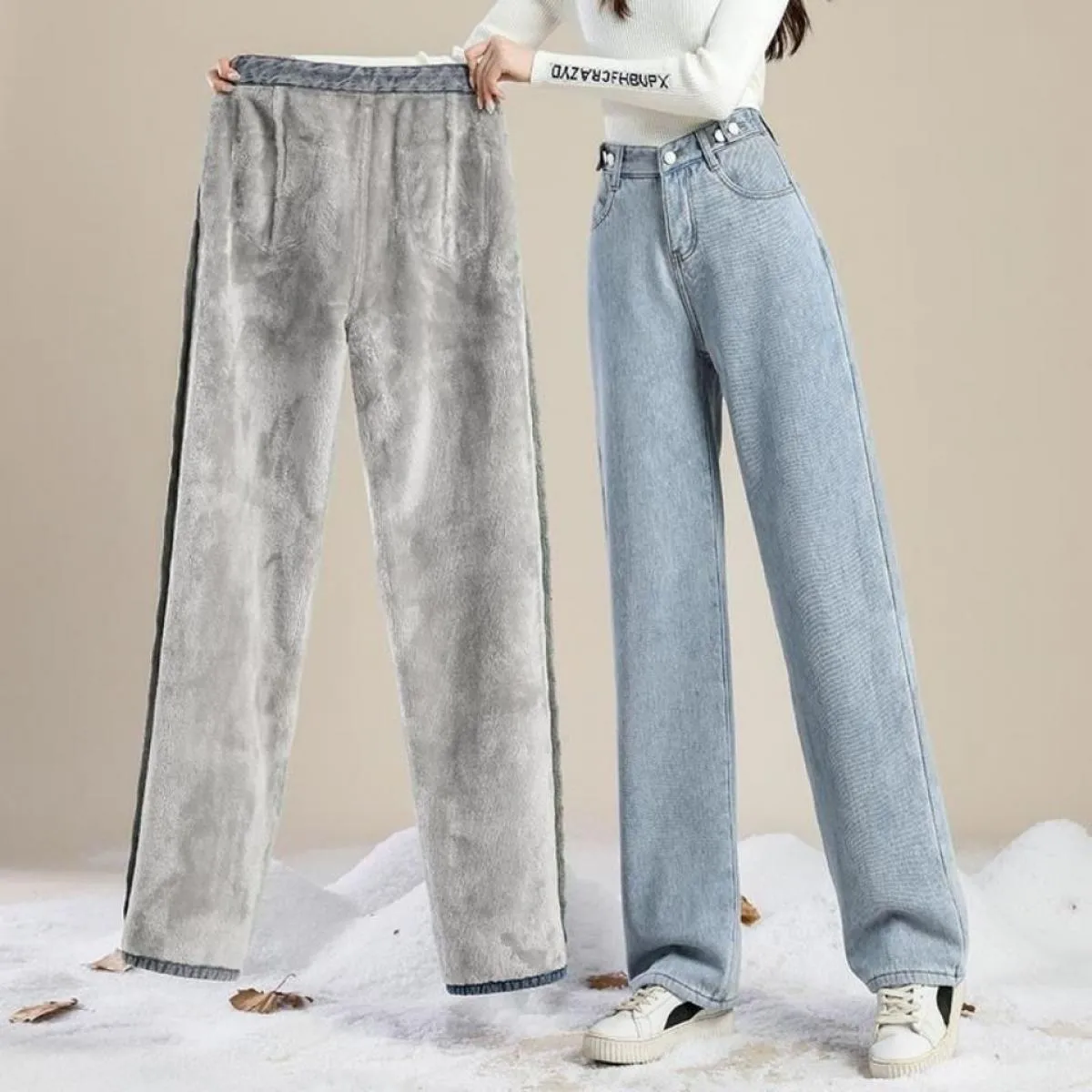 Inverno 2022 donne calde jeans in velluto spesso in pile pantaloni elastici skinny a vita alta alla moda a figura intera Jean Le