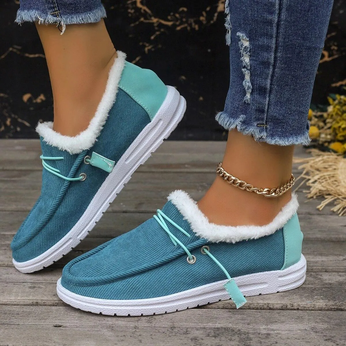 Inverno Nuove Scarpe da Donna Stringate in Tela Tacco Piatto Scarpe Casual in Cotone da Donna Più Velluto Scarpe Calde da Donna