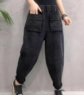 Pantaloni Harem in denim di cotone casual allentati da donna di nuova moda primavera Jeans neri vintage a doppia tasca in vita e