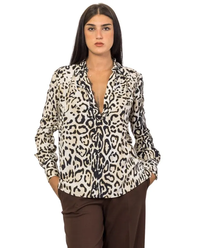 PINKO Blusa Donna 1G18FK A08B BEATRICE A-EE Viscosa con stampa animalier e scollo v CZ2 ECRU/NERO