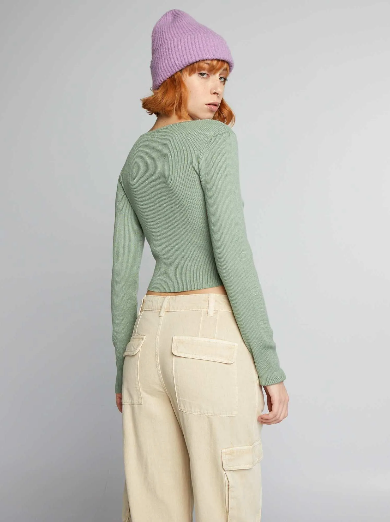 Pullover a coste con scollo incrociato - VERDE