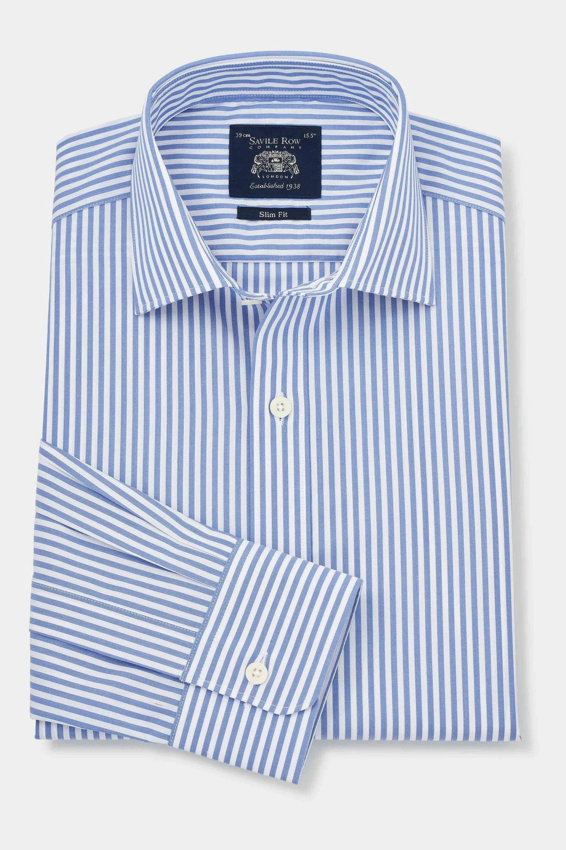 Savile Row Company - Blu - A righe Vestibilità attillata / Slim - Camicia a polsino singolo