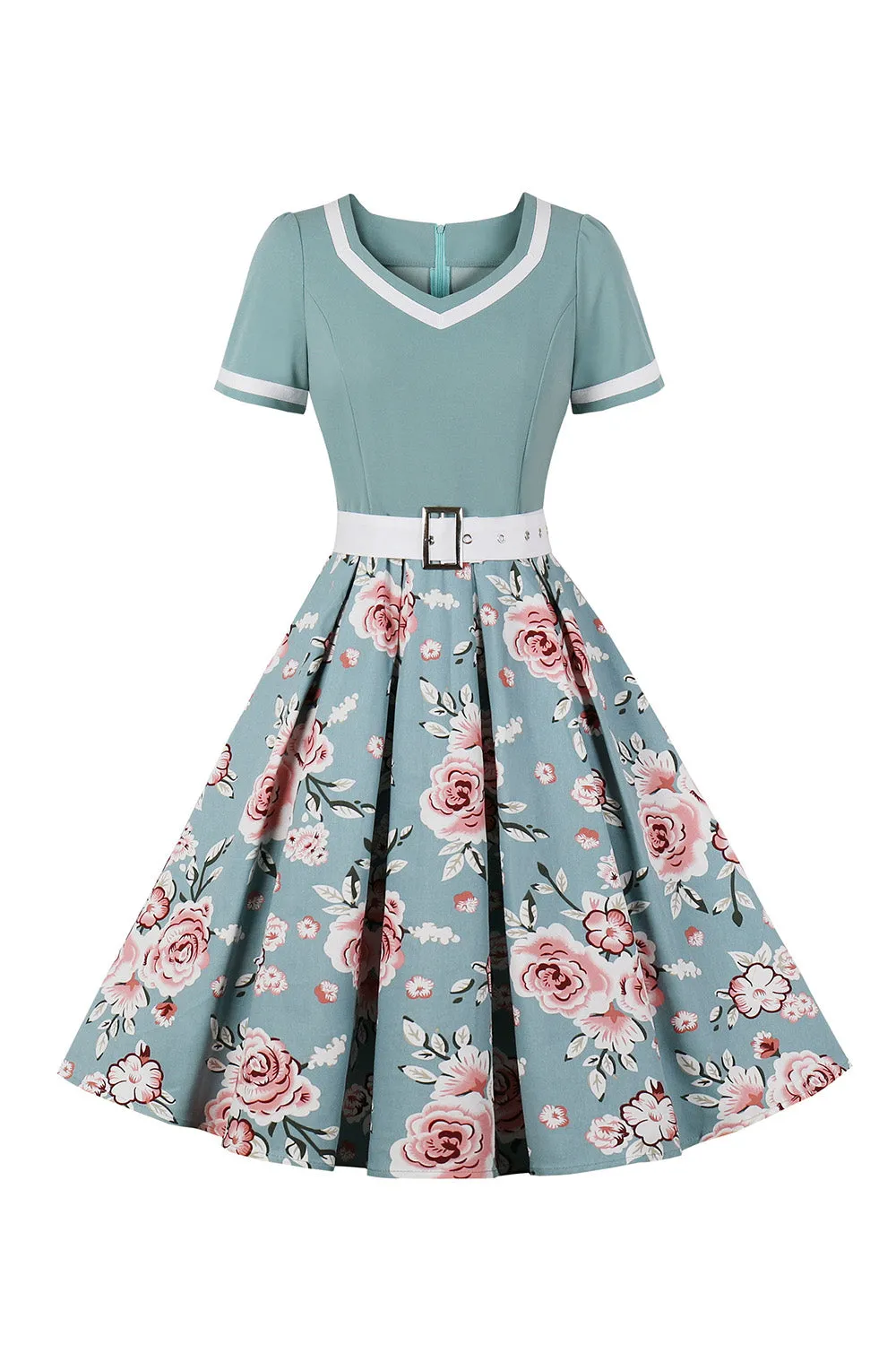 Scollo a V maniche corte nero 1950s abito con cintura