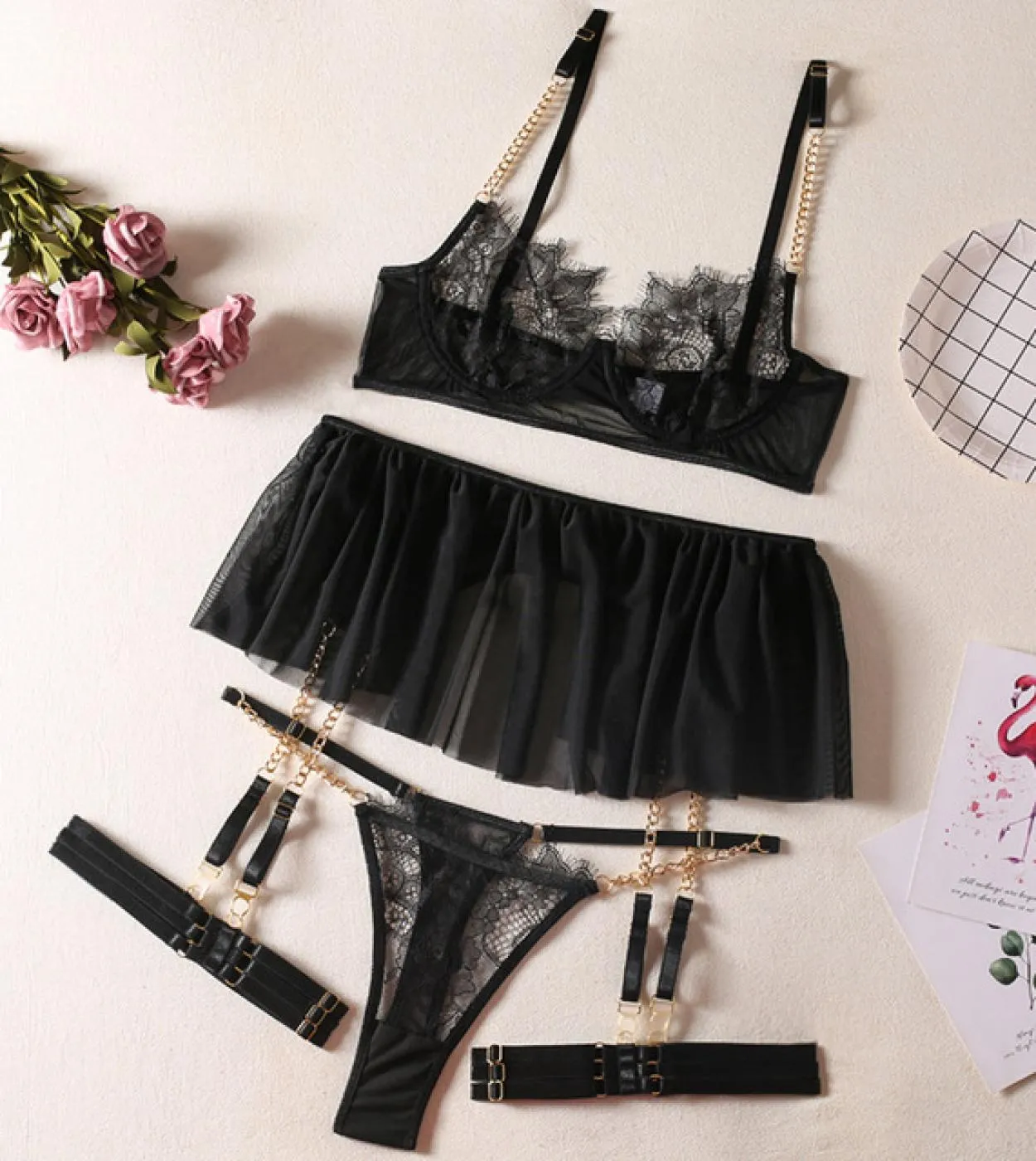 Set di lingerie in pizzo patchwork a rete Yimunancy Set da donna con giarrettiera decorata a catena