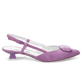 Slingback White D in camoscio viola con tacco basso a rocchetto