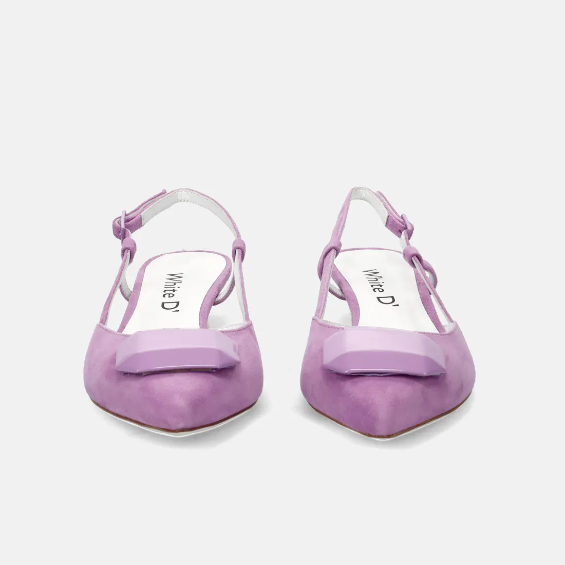 Slingback White D in camoscio viola con tacco basso a rocchetto