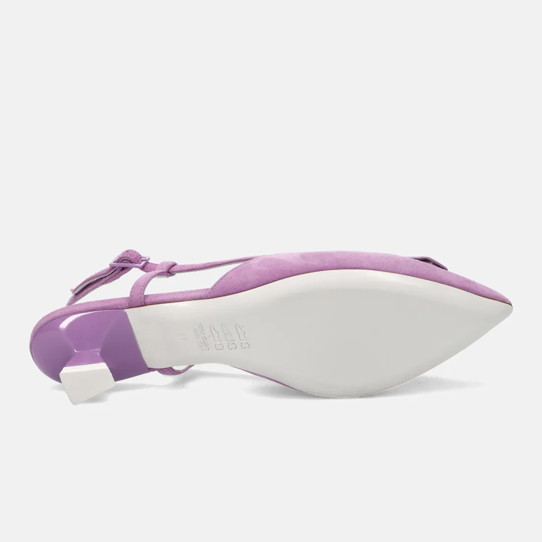 Slingback White D in camoscio viola con tacco basso a rocchetto