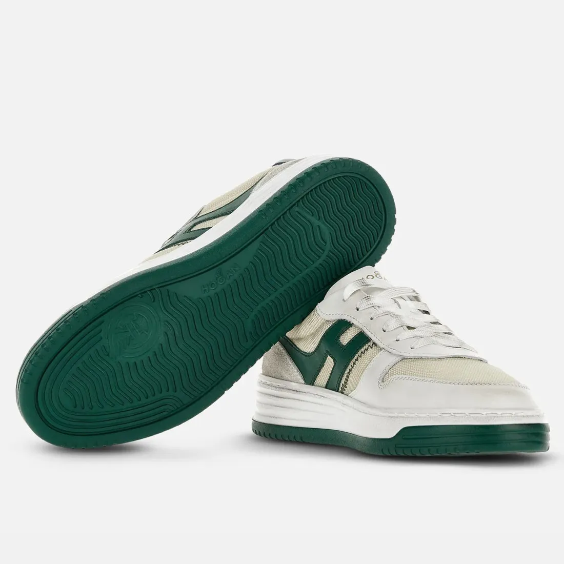 Sneakers da uomo Hogan H630 in pelle e tessuto bianco e verde