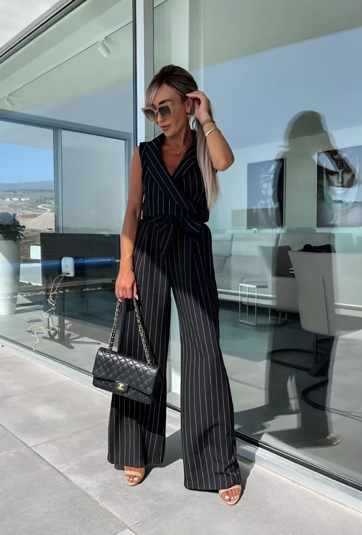 Tuta Donna Cintura Giromanica Scollo V Pantalone Palazzo Fantasia Righe Casual Elegante