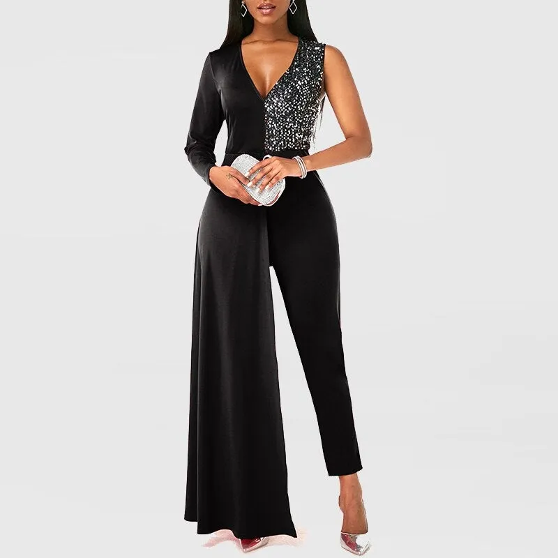Tuta Donna Monospalla Scollo V Paillettes Aderente Strascico Bicolore Elegante Cerimonia